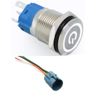 Bot&atilde;o interruptor met&aacute;lico de cabe&ccedil;a plana 16 mm 12 a 24V com travamento self-locking, &agrave; prova d'&aacute;gua, LED branco e soquete cone