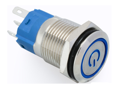 Bot&atilde;o pulsador met&aacute;lico cabe&ccedil;a plana 16 mm 12&ndash;24V &agrave; prova d'&aacute;gua moment&acirc;neo com retorno autom&aacute;tico e LED azul - Imagem 1