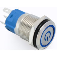 Interruptor bot&atilde;o met&aacute;lico cabe&ccedil;a plana 16 mm 110-220V com trava &agrave; prova d'&aacute;gua e LED azul para painel