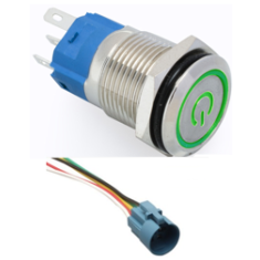 Interruptor de Bot&atilde;o Met&aacute;lico Cabe&ccedil;a Plana 16 mm 110&ndash;220 V &agrave; prova d'&aacute;gua com LED verde, travamento autom&aacute;tico e conector soquet