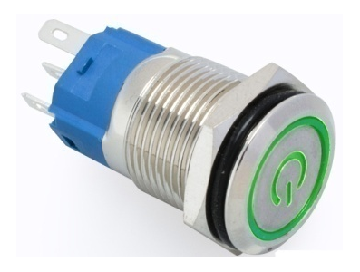 Bot&atilde;o pulsante met&aacute;lico cabe&ccedil;a plana 16 mm 110-220V moment&acirc;neo com retorno autom&aacute;tico, &agrave; prova d'&aacute;gua e LED verde - Imagem 1