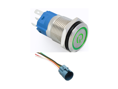 Bot&atilde;o de press&atilde;o met&aacute;lico cabe&ccedil;a plana 16 mm 110-220 V &agrave; prova d'&aacute;gua moment&acirc;neo autoretornante com LED verde e soquete C - Imagem 1