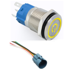 Bot&atilde;o Pulsador Met&aacute;lico Cabe&ccedil;a Plana 16 mm 110-220V &agrave; Prova d'&Aacute;gua Moment&acirc;neo com Retorno Autom&aacute;tico e LED Amarelo