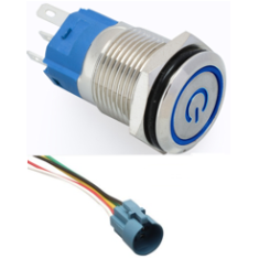 Bot&atilde;o met&aacute;lico de cabe&ccedil;a plana 16 mm 110-220 V, moment&acirc;neo com rearmamento autom&aacute;tico, &agrave; prova d'&aacute;gua e LED azul