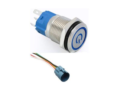 Bot&atilde;o met&aacute;lico de cabe&ccedil;a plana 16 mm 110-220 V, moment&acirc;neo com rearmamento autom&aacute;tico, &agrave; prova d'&aacute;gua e LED azul - Imagem 1