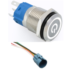 Interruptor bot&atilde;o met&aacute;lico 16 mm cabe&ccedil;a plana 110-220V &agrave; prova d'&aacute;gua moment&acirc;neo com retorno autom&aacute;tico e LED branco modelo C
