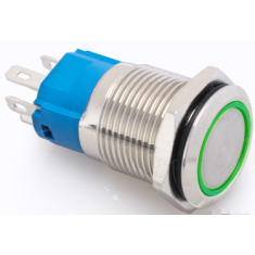 Bot&atilde;o pulsador met&aacute;lico 16 mm, 3 a 6 V, 5 A, &agrave; prova d'&aacute;gua, com trava e LED verde