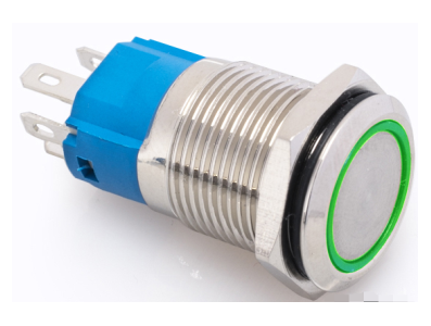 Bot&atilde;o pulsador met&aacute;lico 16 mm, 3 a 6 V, 5 A, &agrave; prova d'&aacute;gua, com trava e LED verde - Imagem 1