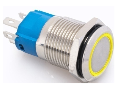 Bot&atilde;o interruptor met&aacute;lico de painel 16 mm, cabe&ccedil;a plana, 3-6 V, 5 A, &agrave; prova d'&aacute;gua, com travamento e LED amarelo - Imagem 1