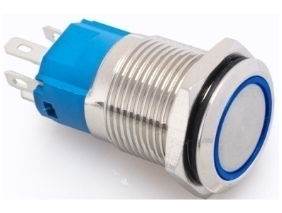 Bot&atilde;o Pulsador Met&aacute;lico 16 mm Cabe&ccedil;a Plana com Travamento Autom&aacute;tico, 3-6 V 5 A, &Agrave; Prova d'&Aacute;gua e LED Azul - Imagem 1