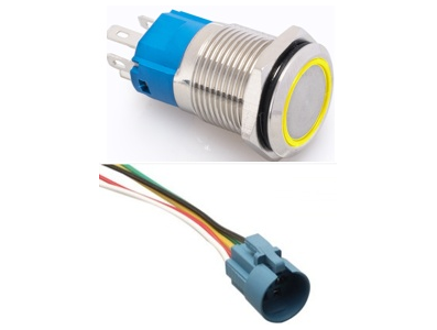 Interruptor de bot&atilde;o met&aacute;lico cabe&ccedil;a plana 16 mm 3-6V auto-travante &agrave; prova d'&aacute;gua com LED amarelo e conector soquete - Imagem 1