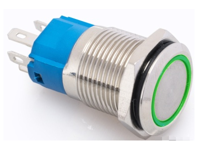 Interruptor de Bot&atilde;o Met&aacute;lico 16 mm Cabe&ccedil;a Plana 12&ndash;24 V Imperme&aacute;vel com Trava Autom&aacute;tica e LED Verde - Imagem 1