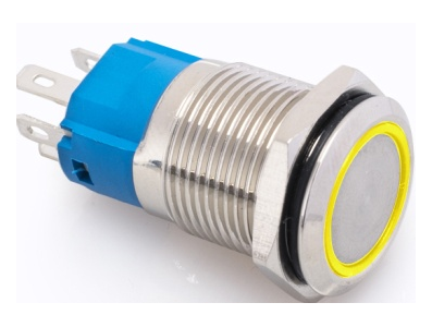 Interruptor de bot&atilde;o met&aacute;lico cabe&ccedil;a plana 16 mm 12 a 24 V &agrave; prova d'&aacute;gua com travamento autom&aacute;tico e LED amarelo para painel - Imagem 1