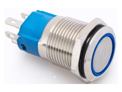 Interruptor de Bot&atilde;o de Painel Met&aacute;lico 16 mm Cabe&ccedil;a Plana 12 a 24 V Imperme&aacute;vel com Trava e LED Azul - Imagem 1