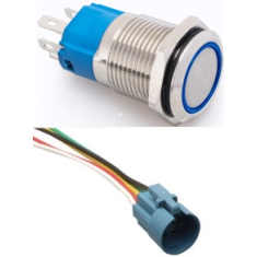 Bot&atilde;o Met&aacute;lico Cabe&ccedil;a Plana 16 mm 12-24V &agrave; Prova d'&Aacute;gua com Trava Autom&aacute;tica, LED Azul e Conector Soquete