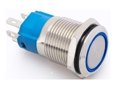 Bot&atilde;o de Press&atilde;o Met&aacute;lico 16 mm Cabe&ccedil;a Chata 110-220 V Imperme&aacute;vel com LED Azul e Auto-travamento para Painel - Imagem 1