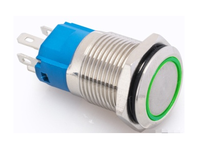 Interruptor bot&atilde;o met&aacute;lico 16 mm cabe&ccedil;a plana moment&acirc;neo com rearme autom&aacute;tico &agrave; prova d'&aacute;gua LED verde 3-6V - Imagem 1