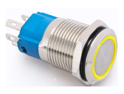 Bot&atilde;o interruptor met&aacute;lico 16mm cabe&ccedil;a plana 3-6V moment&acirc;neo com retorno autom&aacute;tico &agrave; prova d'&aacute;gua LED amarelo para painel - Imagem 1
