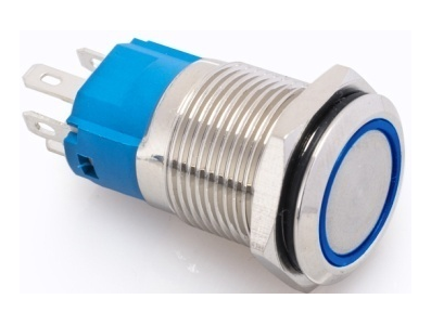 Interruptor de bot&atilde;o met&aacute;lico cabe&ccedil;a plana 16 mm, moment&acirc;neo com retorno autom&aacute;tico, 3-6 V, &agrave; prova d'&aacute;gua com LED azul - Imagem 1