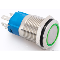 Bot&atilde;o pulsador met&aacute;lico 16 mm cabe&ccedil;a plana 12-24V moment&acirc;neo com rearme autom&aacute;tico &agrave; prova d'&aacute;gua LED verde
