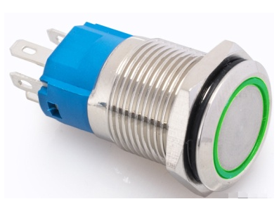 Bot&atilde;o pulsador met&aacute;lico 16 mm cabe&ccedil;a plana 12-24V moment&acirc;neo com rearme autom&aacute;tico &agrave; prova d'&aacute;gua LED verde - Imagem 1