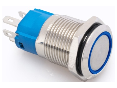 Interruptor de painel met&aacute;lico 16 mm 12-24V moment&acirc;neo com rearme autom&aacute;tico, cabe&ccedil;a plana &agrave; prova d'&aacute;gua e LED azul - Imagem 1