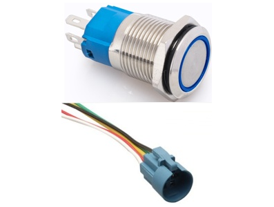 Interruptor pulsador met&aacute;lico 16 mm 12-24V &agrave; prova d'&aacute;gua, acionamento moment&acirc;neo com LED azul e retorno autom&aacute;tico - Imagem 1