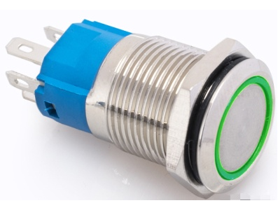 Bot&atilde;o de press&atilde;o met&aacute;lico para painel 16 mm cabe&ccedil;a chata, moment&acirc;neo com retorno autom&aacute;tico, &agrave; prova d'&aacute;gua, 110&ndash;220 V, LED verd - Imagem 1