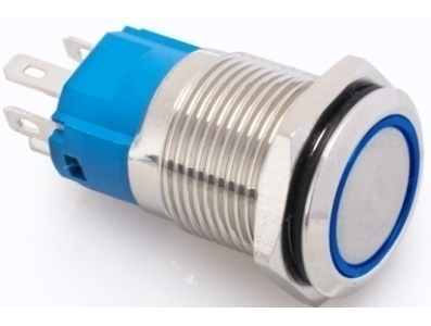 Bot&atilde;o de press&atilde;o met&aacute;lico 16 mm cabe&ccedil;a plana 110-220V &agrave; prova d'&aacute;gua moment&acirc;neo com retorno autom&aacute;tico e LED azul - Imagem 1