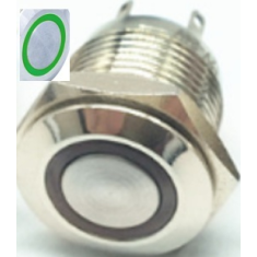 Bot&atilde;o de painel met&aacute;lico 16 mm, cabe&ccedil;a chata curta, moment&acirc;neo com retorno autom&aacute;tico, 12 a 24 V, &agrave; prova d'&aacute;gua, LED verde
