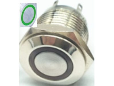 Bot&atilde;o de painel met&aacute;lico 16 mm, cabe&ccedil;a chata curta, moment&acirc;neo com retorno autom&aacute;tico, 12 a 24 V, &agrave; prova d'&aacute;gua, LED verde - Imagem 1