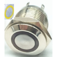 Bot&atilde;o pulsador met&aacute;lico para painel 16 mm cabe&ccedil;a chata curta 12-24V imperme&aacute;vel moment&acirc;neo com LED amarelo retorno autom&aacute;tico