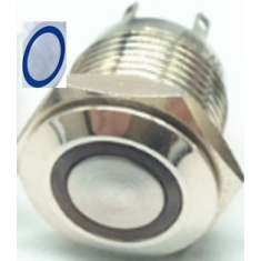 Interruptor bot&atilde;o met&aacute;lico de painel 16 mm, cabe&ccedil;a chata curta, moment&acirc;neo com retorno autom&aacute;tico, &agrave; prova d'&aacute;gua, LED azul, 12-