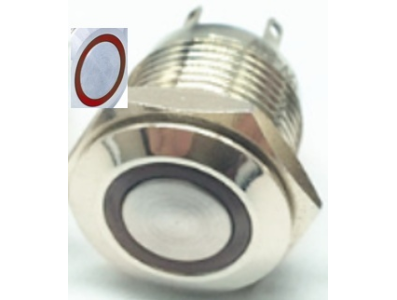 Bot&atilde;o pulsador met&aacute;lico para painel 16 mm cabe&ccedil;a chata curta 220 V &agrave; prova d'&aacute;gua moment&acirc;neo com retorno autom&aacute;tico e LED vermel - Imagem 1