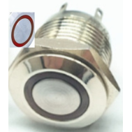 Bot&atilde;o pulsador met&aacute;lico para painel 16 mm cabe&ccedil;a chata curta 220 V &agrave; prova d'&aacute;gua moment&acirc;neo com retorno autom&aacute;tico e LED vermel