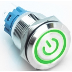 Bot&atilde;o met&aacute;lico para painel 19 mm cabe&ccedil;a plana 3 a 6 V moment&acirc;neo com retorno autom&aacute;tico &agrave; prova d'&aacute;gua e LED verde