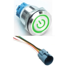 Interruptor met&aacute;lico de press&atilde;o cabe&ccedil;a chata 19 mm 12-24V &agrave; prova d'&aacute;gua com LED verde, trava autom&aacute;tica e soquete conector para