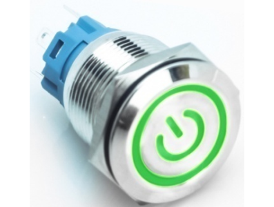 Interruptor de Bot&atilde;o Met&aacute;lico Cabe&ccedil;a Plana 19 mm 12-24 V &agrave; prova d'&aacute;gua, moment&acirc;neo com retorno autom&aacute;tico e LED verde - Imagem 1