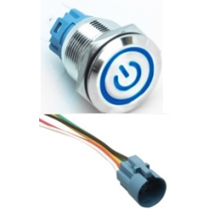 Bot&atilde;o de Press&atilde;o Met&aacute;lico Cabe&ccedil;a Chata 19 mm 12-24V &Agrave; Prova d'&Aacute;gua Moment&acirc;neo com Retorno Autom&aacute;tico, LED Azul e Soquete de Cone