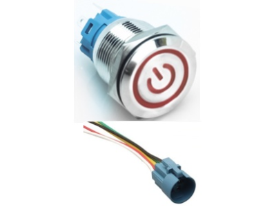 Interruptor de bot&atilde;o met&aacute;lico cabe&ccedil;a plana 19 mm 110-220V &agrave; prova d'&aacute;gua com travamento autom&aacute;tico, LED vermelho e conector de s - Imagem 1