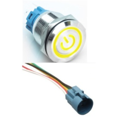 Interruptor de bot&atilde;o met&aacute;lico cabe&ccedil;a chata 19 mm 110-220V auto travante &agrave; prova d'&aacute;gua com LED amarelo e soquete de conex&atilde;o