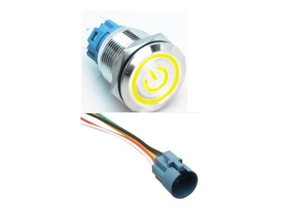 Interruptor de bot&atilde;o met&aacute;lico cabe&ccedil;a chata 19 mm 110-220V auto travante &agrave; prova d'&aacute;gua com LED amarelo e soquete de conex&atilde;o - Imagem 1