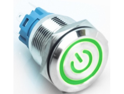 Bot&atilde;o pulsador met&aacute;lico cabe&ccedil;a chata 19 mm 110-220V moment&acirc;neo com retorno autom&aacute;tico imperme&aacute;vel e LED verde - Imagem 1
