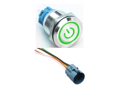 Bot&atilde;o Pulsador Met&aacute;lico Cabe&ccedil;a Plana 19 mm 110-220V Imperme&aacute;vel Moment&acirc;neo com Retorno Autom&aacute;tico e LED Verde Tipo C - Imagem 1