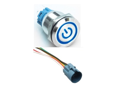 Interruptor de Bot&atilde;o Met&aacute;lico para Painel 19 mm Cabe&ccedil;a Plana 110-220V Moment&acirc;neo com Retorno Autom&aacute;tico &Agrave; Prova d'&Aacute;gua e LED Azu - Imagem 1