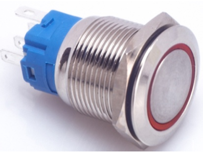 Interruptor de bot&atilde;o met&aacute;lico para painel, 19 mm, cabe&ccedil;a plana, 3-6 V, imperme&aacute;vel, travamento autom&aacute;tico, LED vermelho - Imagem 1