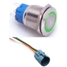 Bot&atilde;o pulsador met&aacute;lico cabe&ccedil;a plana 19 mm 3-6V &agrave; prova d'&aacute;gua com travamento autom&aacute;tico, LED verde e soquete conector