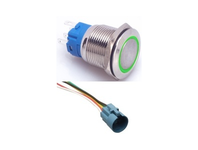 Bot&atilde;o pulsador met&aacute;lico cabe&ccedil;a plana 19 mm 3-6V &agrave; prova d'&aacute;gua com travamento autom&aacute;tico, LED verde e soquete conector - Imagem 1