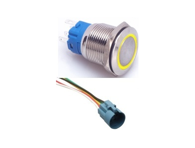 Interruptor de bot&atilde;o met&aacute;lico 19 mm cabe&ccedil;a plana, 3&ndash;6V, &agrave; prova d'&aacute;gua, auto travamento, LED amarelo e soquete conector para pai - Imagem 1