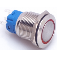 Interruptor de bot&atilde;o met&aacute;lico 19 mm cabe&ccedil;a plana 12&ndash;24V imperme&aacute;vel com LED vermelho e travamento por reten&ccedil;&atilde;o